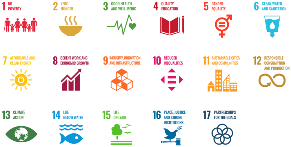 decorative image containing all 17 listed United Nations Sustainable Development Goals
