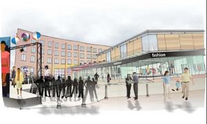 Artists impression street scene with building