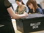black box on table, the words ballot box printed on the side of the box, part of a person can be seen with their hand posting a piece of paper into the box