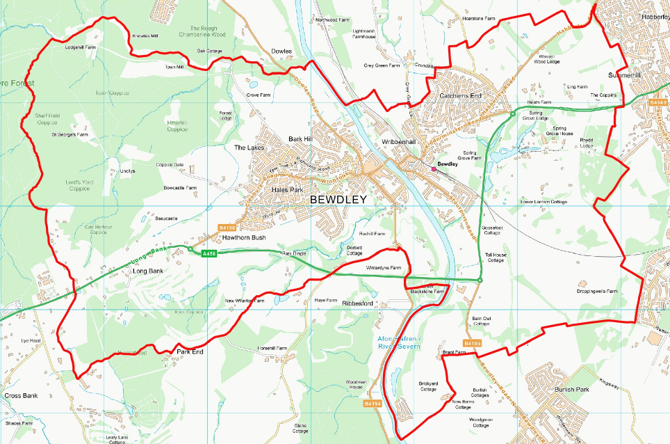 High level ordance survey style map showing Bewdley parish boundary in red