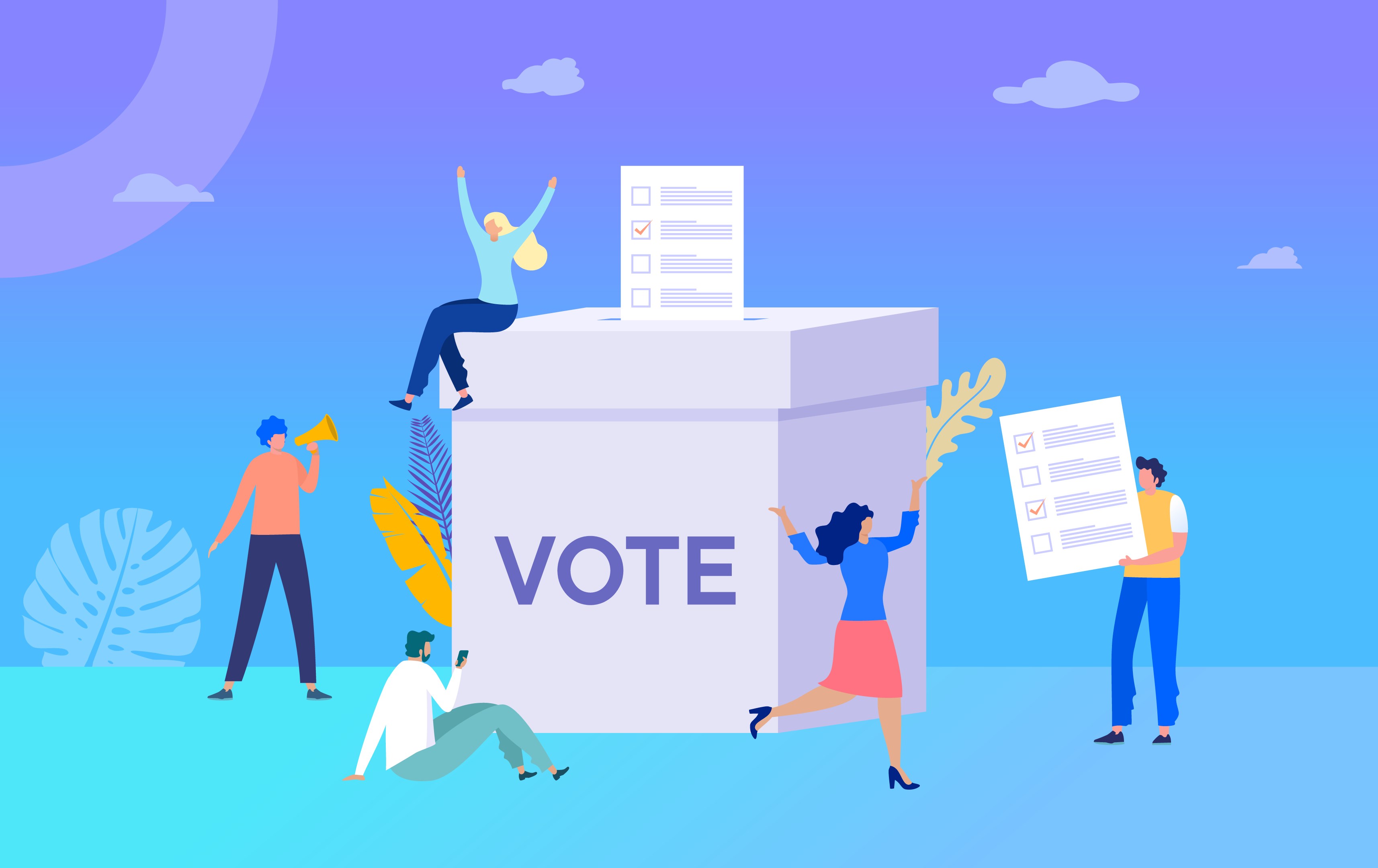 Graphic of a grey box with VOTE written on with ballot slip being inserted, cartoon people standing around the box with one sat on top of the box, blue background. 