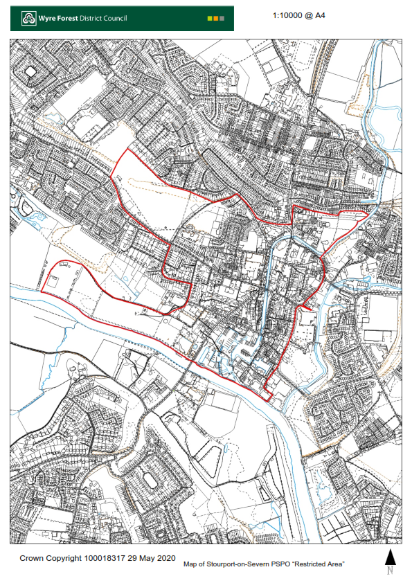Black and white 1:10000 map of Stourport with boundary of PSPO marked in red