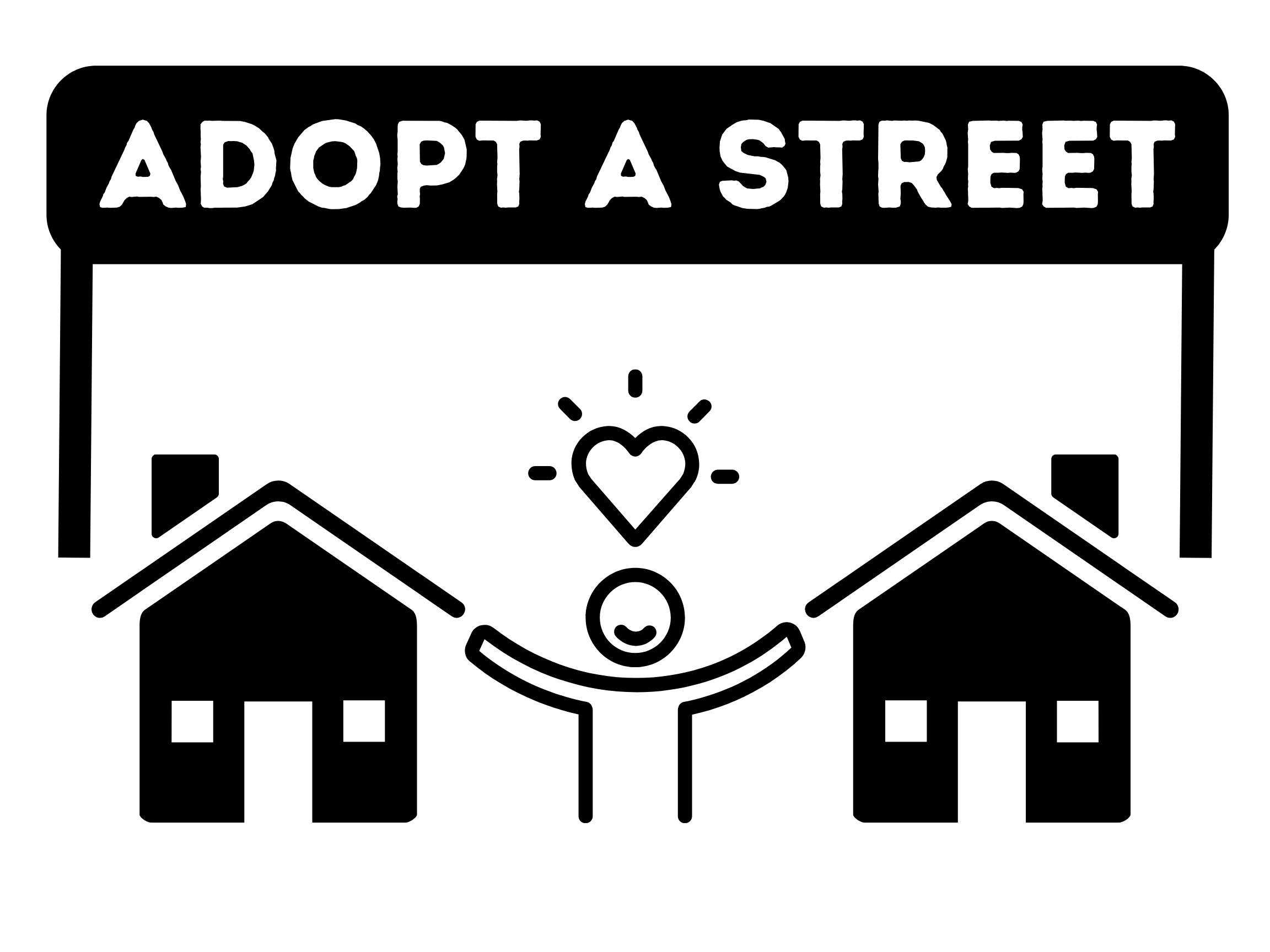 LOGO: Adopt a Street written on a street name sign floating above 2 houses with a person stood in between them holding a heart