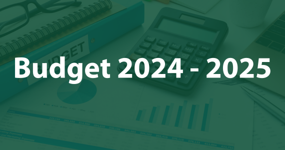 Text Budget 2024 -2025 in white on a opaque green. There is a calculator and graphs in the background