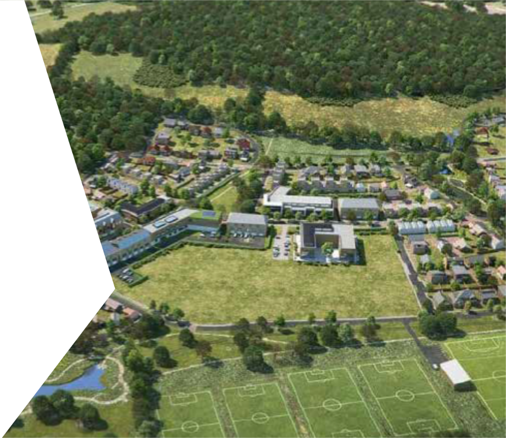 Ariel photo of housing estate with green field and football pitches at the front