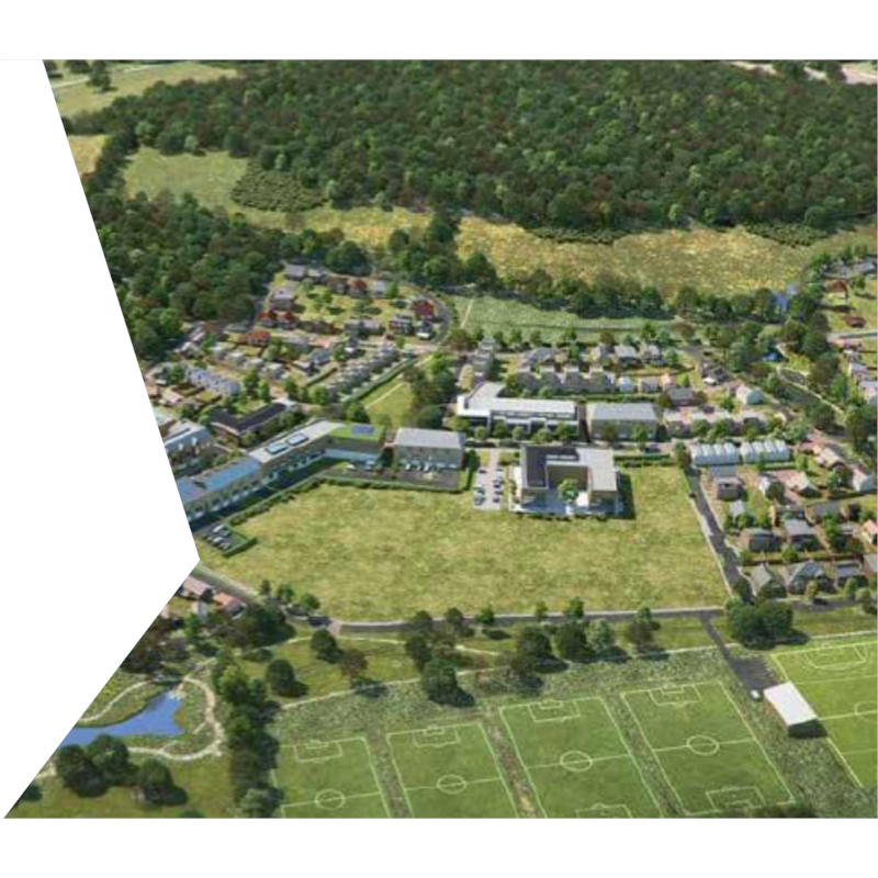 Ariel photo of housing estate with green field and football pitches at the front