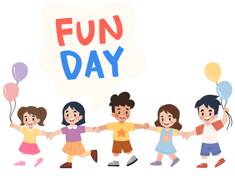 Graphic with children holding hands and balloons with the words fun day above