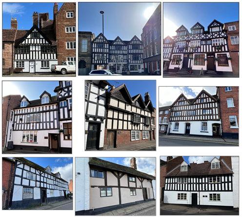 collage of 9 timber framed black and white buildings