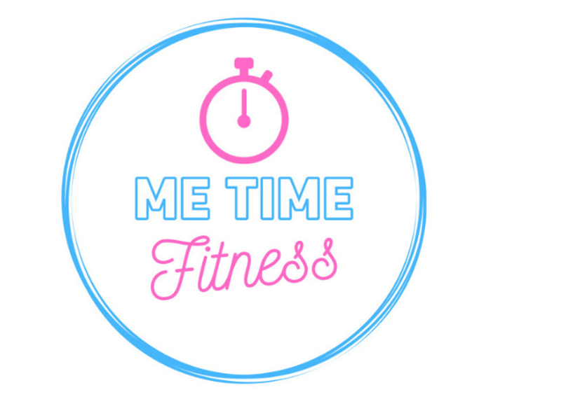 A logo with a blue circle with an image of a clock and the words Me Time Fitness