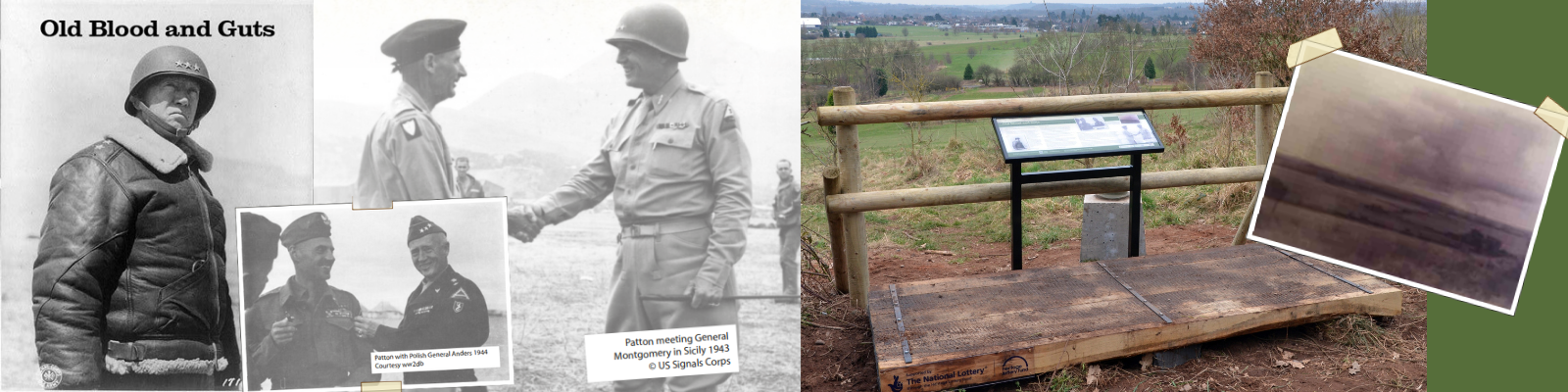 collage of old black and white photos of military personnel and one of a information board on the top of a hill