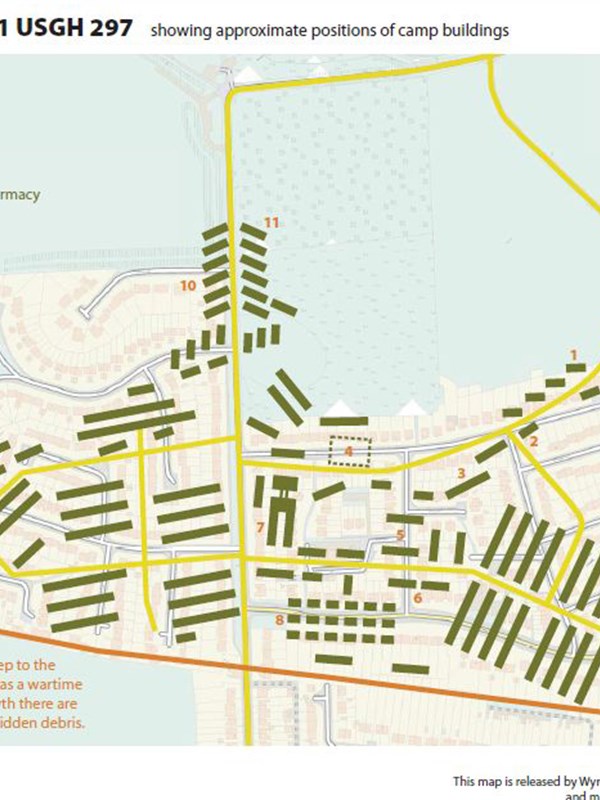 map showing small buildings over recent map of housing estate