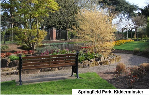 open park area with bench in foreground
