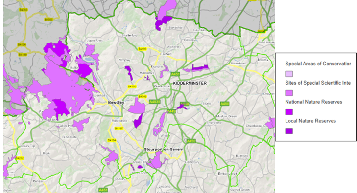 map Areas of particular importance for Biodiversity in Wyre Forest