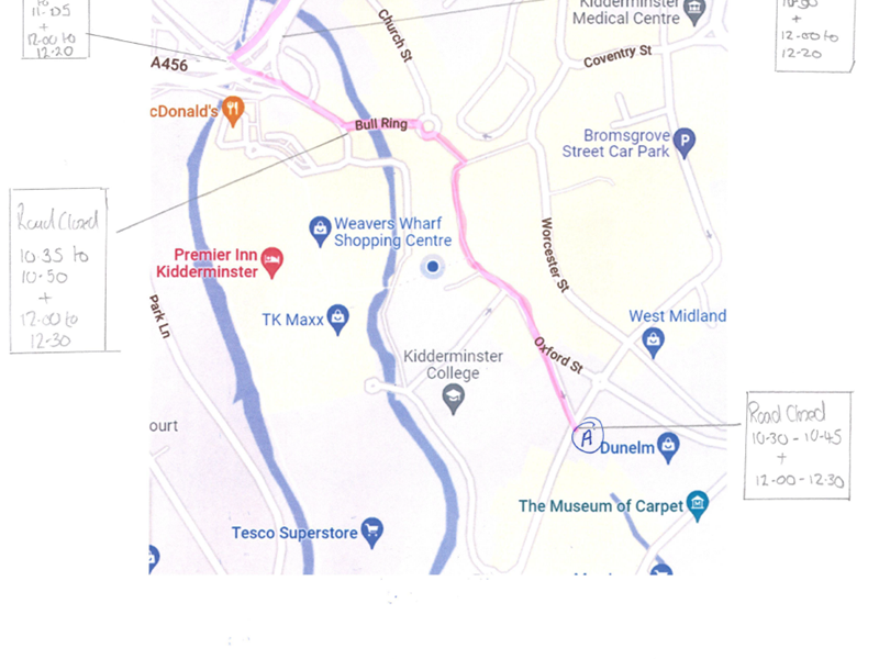 Scanned hand annotated map of Kidderminster inside ring road showing parade route in red as per table