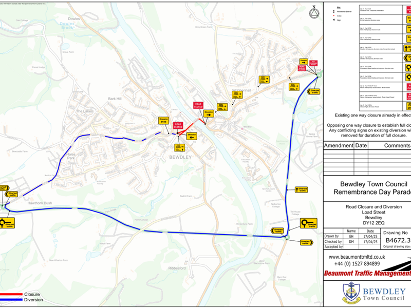 hand annotated map of Bewdley town centre showing road closure and diversion route