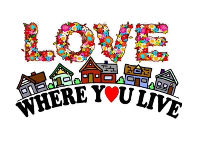 The word Love made up of flowers over a row of cartoon house with words where you live underneath, the o in you is a heart