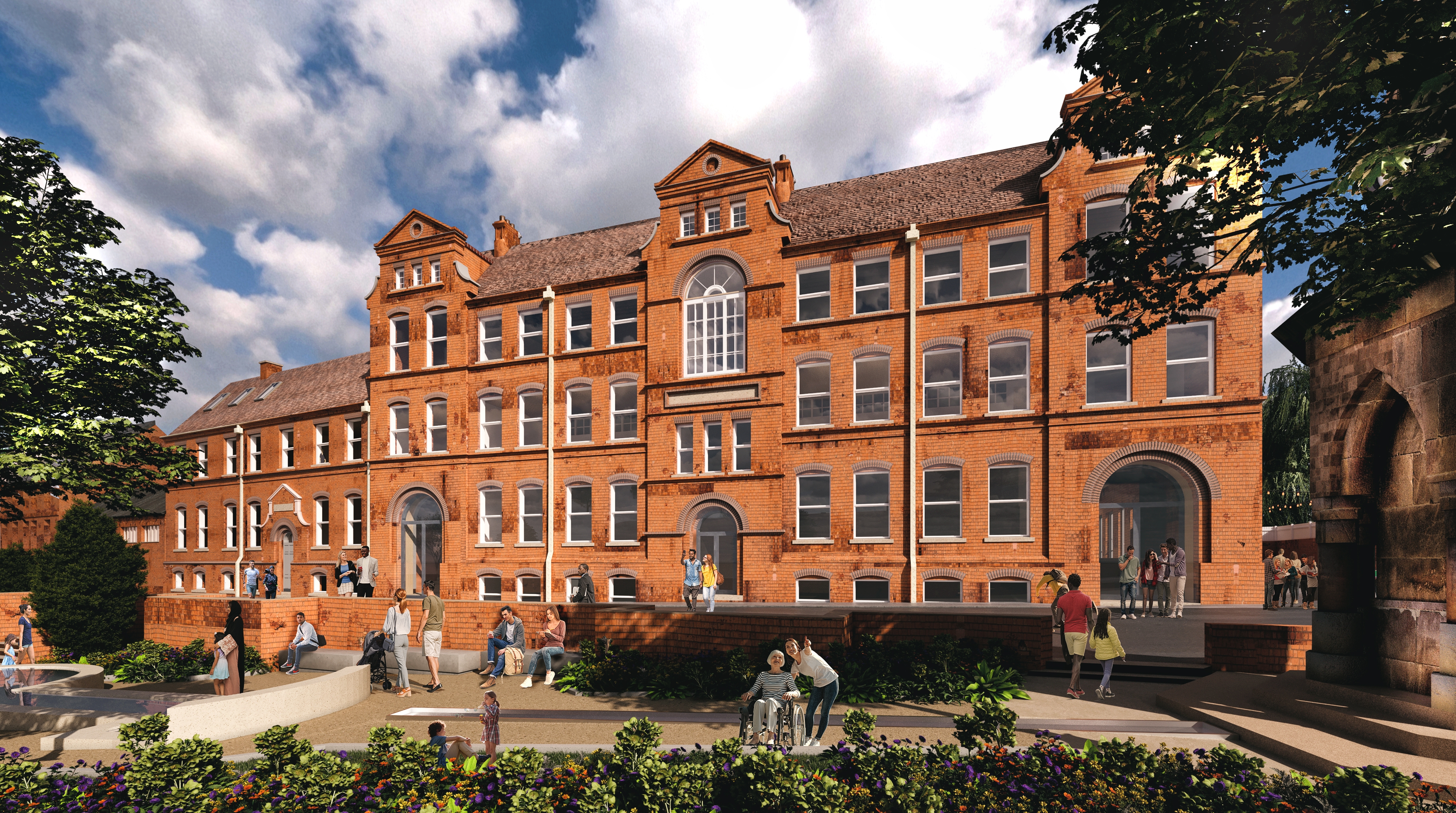 artists impression of large red brick building and landscaped gardens