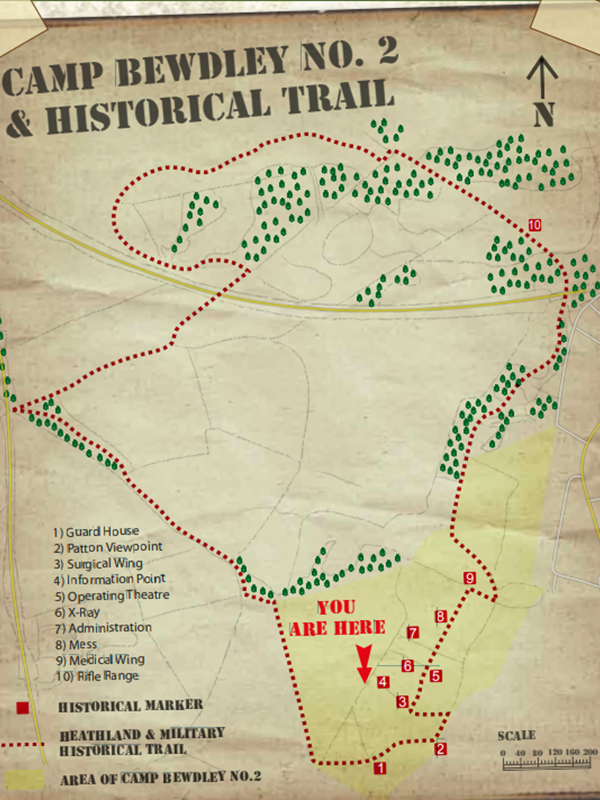 Map showing waymarked trail and interest points apparently on aged paper