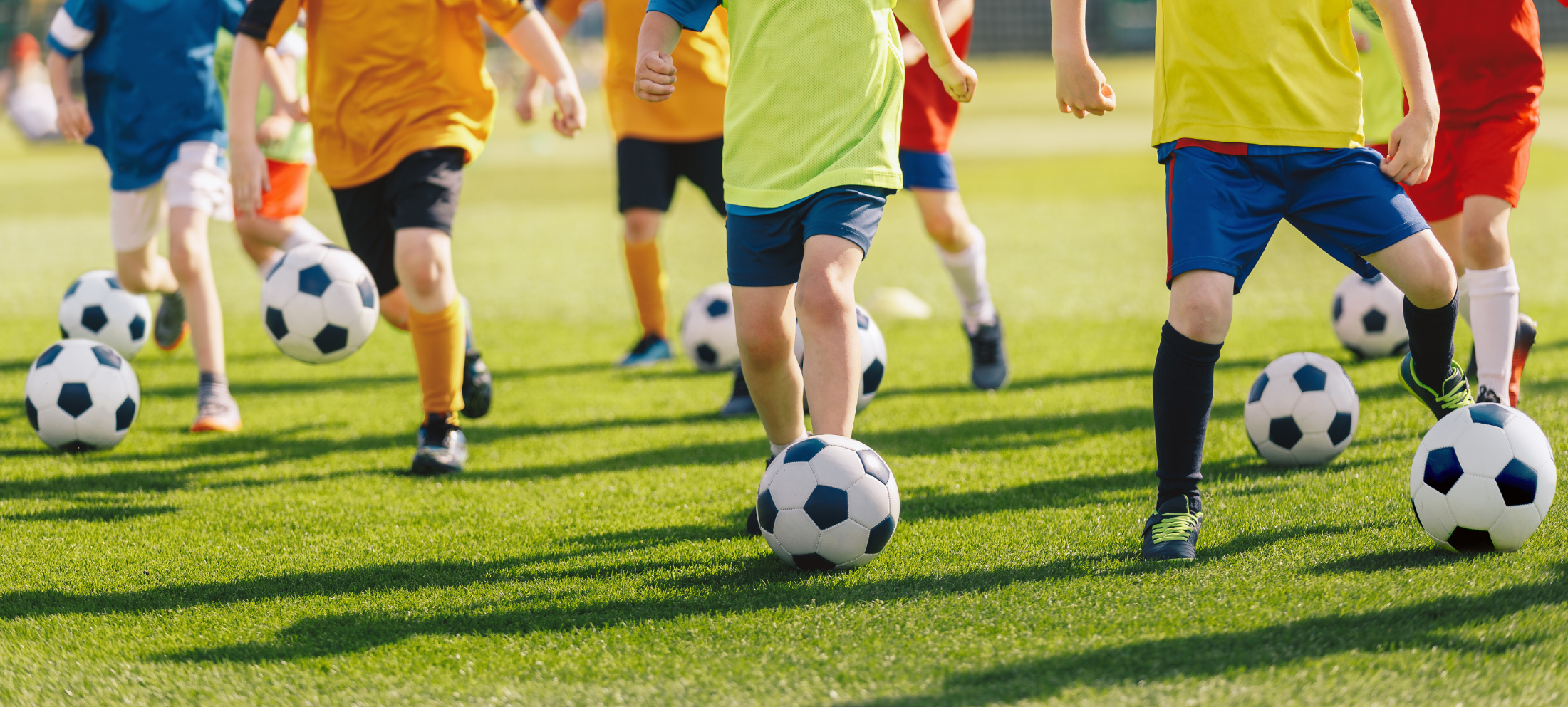 Children playing with footballs on green grass
