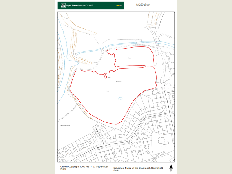 Boundary map showing area of The Stackpool located in Springfield Park where the dog control Public Space Protection Order is enforceable