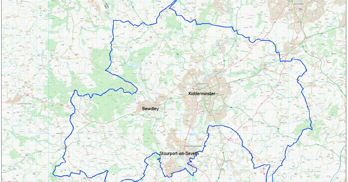 map of Wyre Forest district with Kidderminster Stourport-on-Severn and Bewdley named