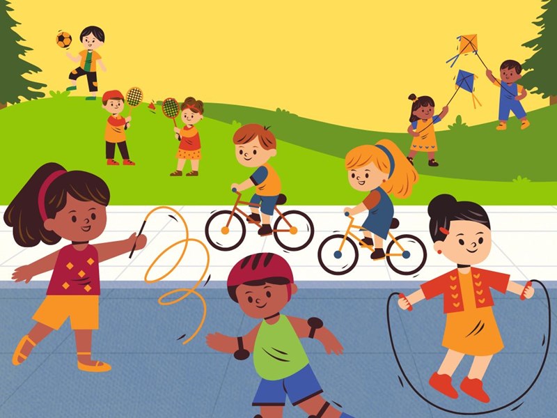 Graphic image of children playing in the park, on bikes, skipping, roller skates, tennis rackets, kites