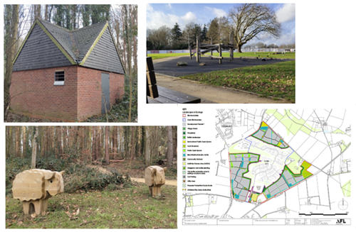 collage of 4 photos, 3 open areas and 1 map