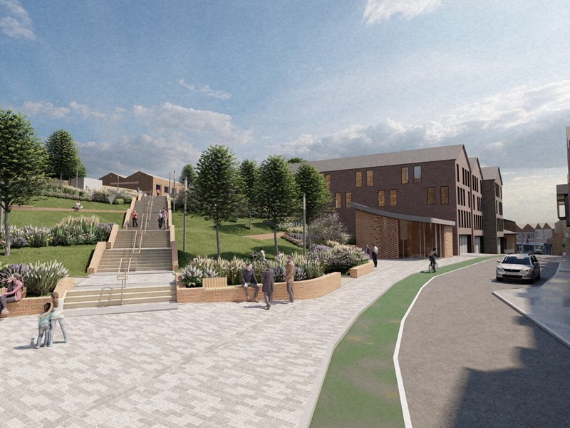 artists impression of landscaped green area with long steps and slope through