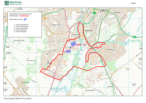 Map showing outline of South Kidderminster Enterprise Park and 5 areas of land