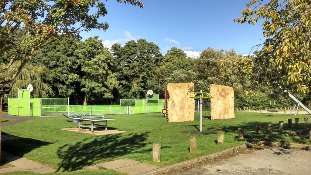 Older children's play area with climbing apparatus located on grassed area in public park.