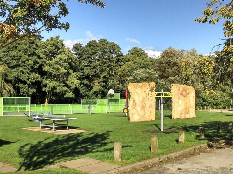 Older children's play area with climbing apparatus located on grassed area in public park.