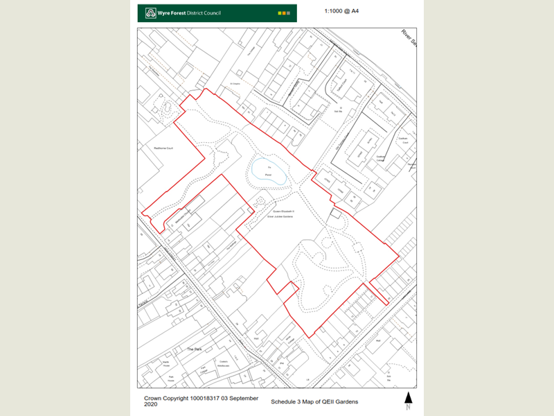 Boundary map showing area of Oueen Elizabeth II Jubilee Gardens located in Bewdley where the dog control Public Space Protection Order is enforceable