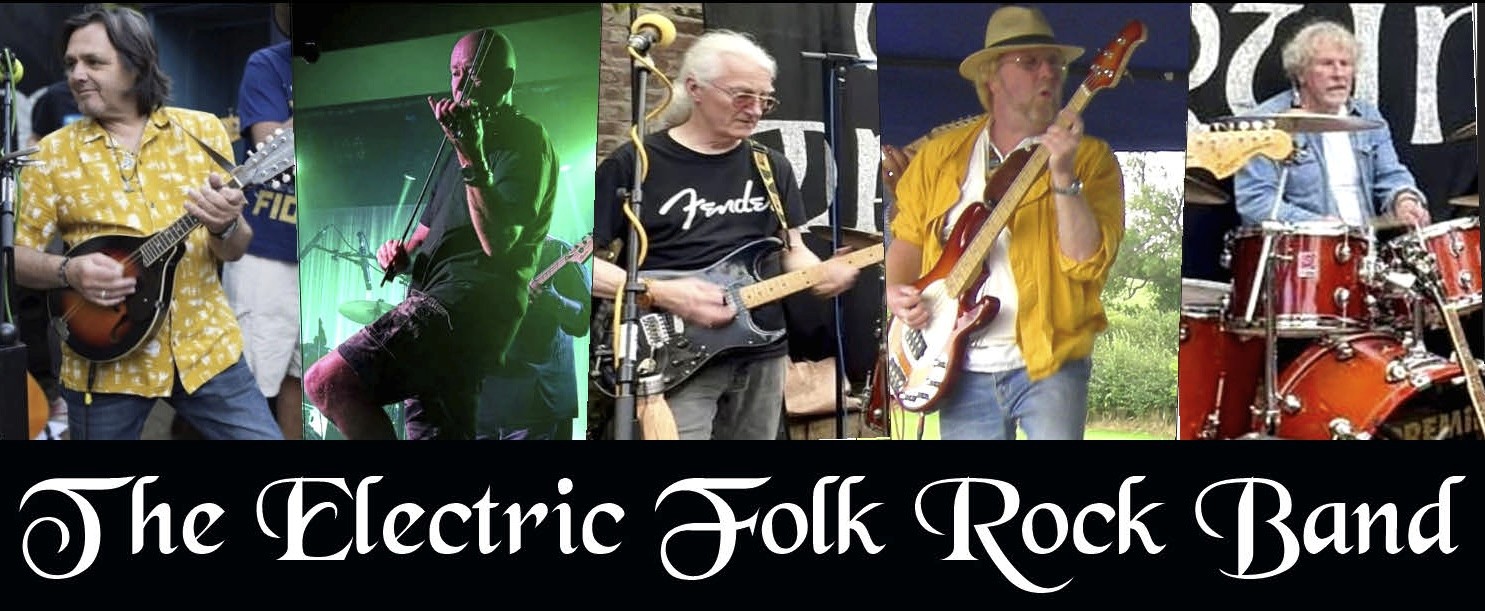   Photo of the 5 members of the band Tin Drum playing instruments with the words The Electric Folk Rock Band words under