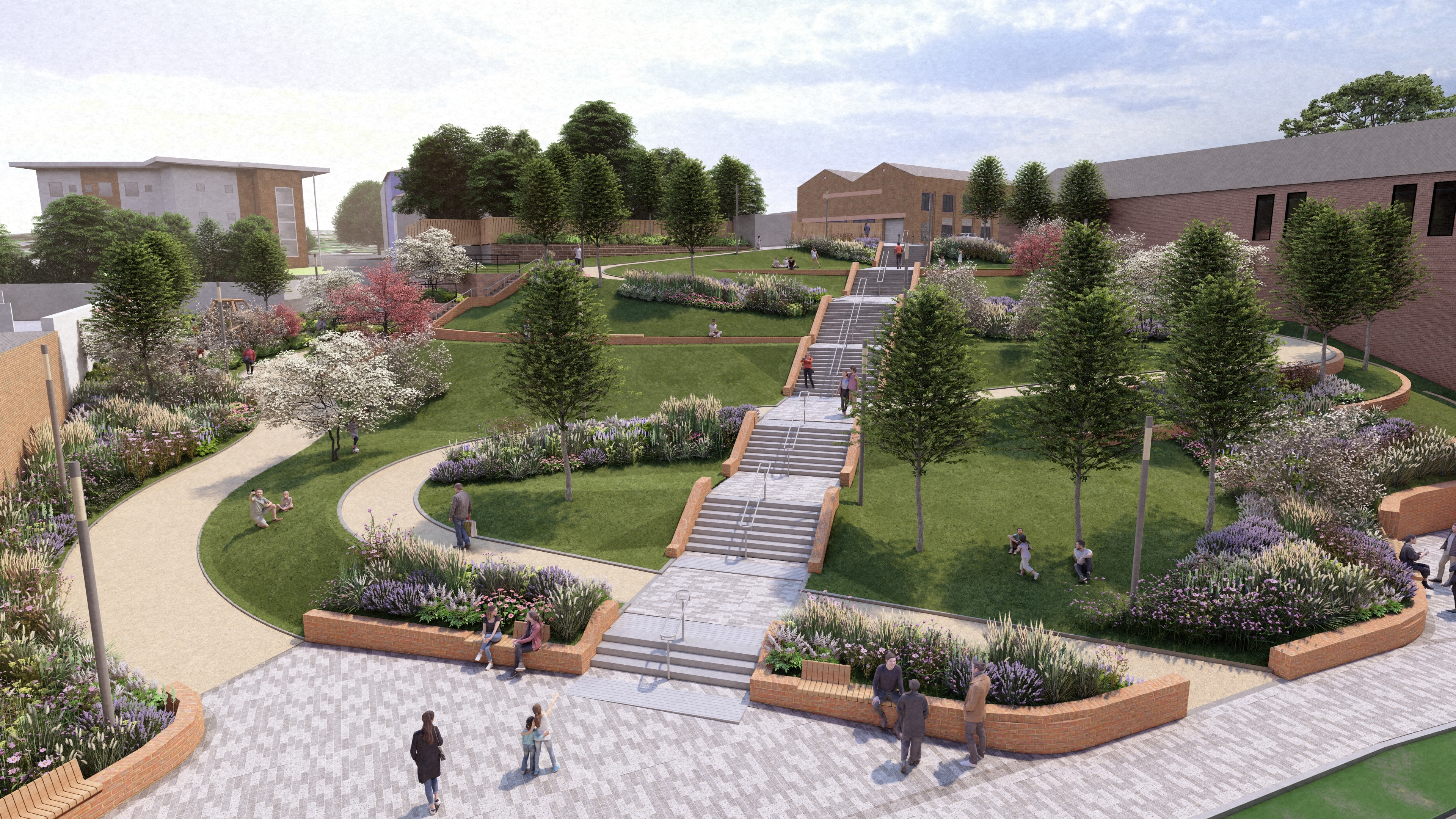 Artists impression of a green landscape with grey winding steps 