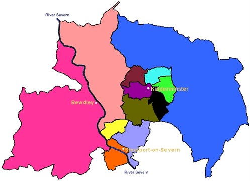Outline of Wyre Forest distrrict with coloured areas approximately depicting boundaries of wards in adjacent table