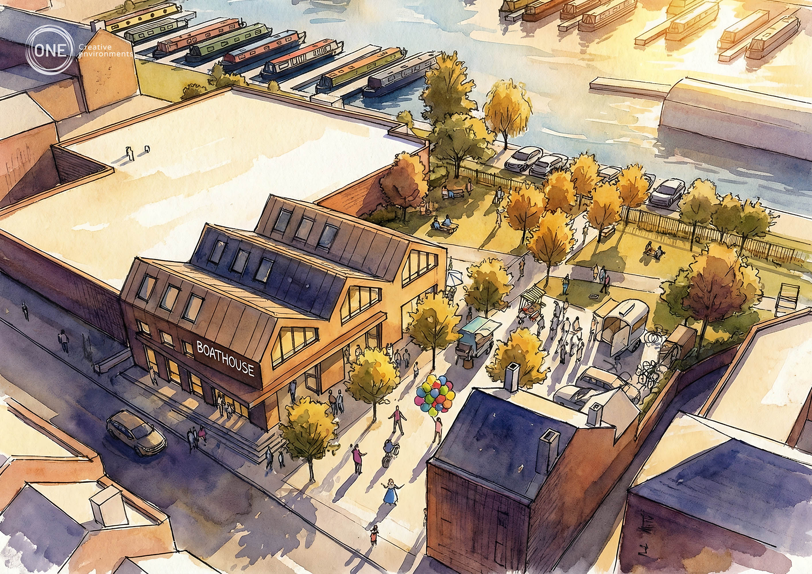 aerial visualisation looking towards clock basin