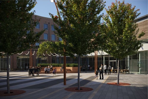 Ground level artist impression of Piano Building. Trees can be seen in front of the building