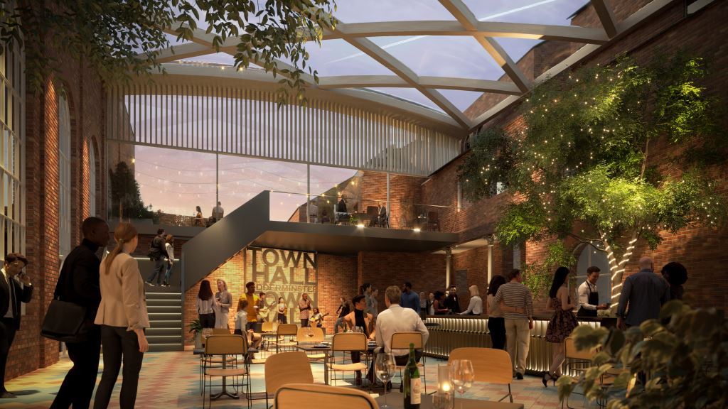 CGI glass and brick courtyard seating area