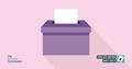Purple ballot box with white paper being put in.