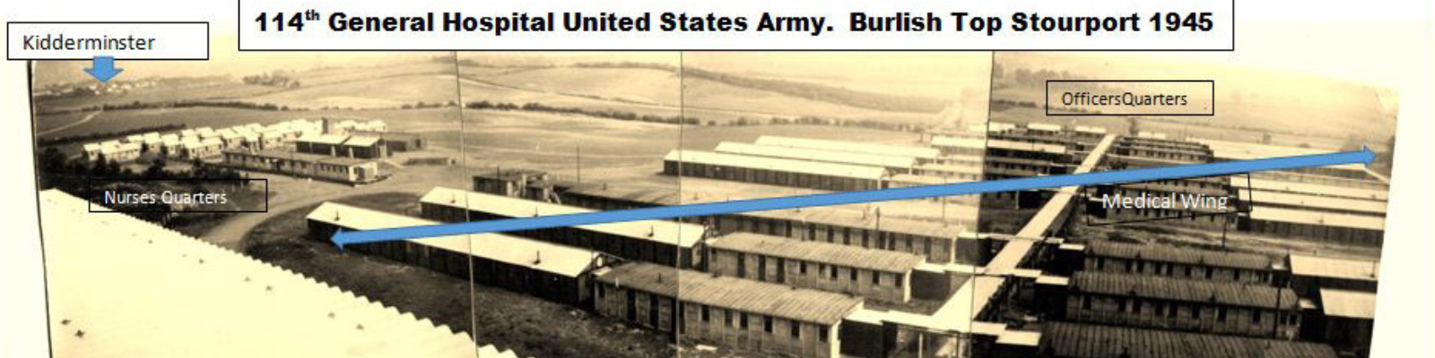 stitched together panorama photo of military hospital buildings with typed labels