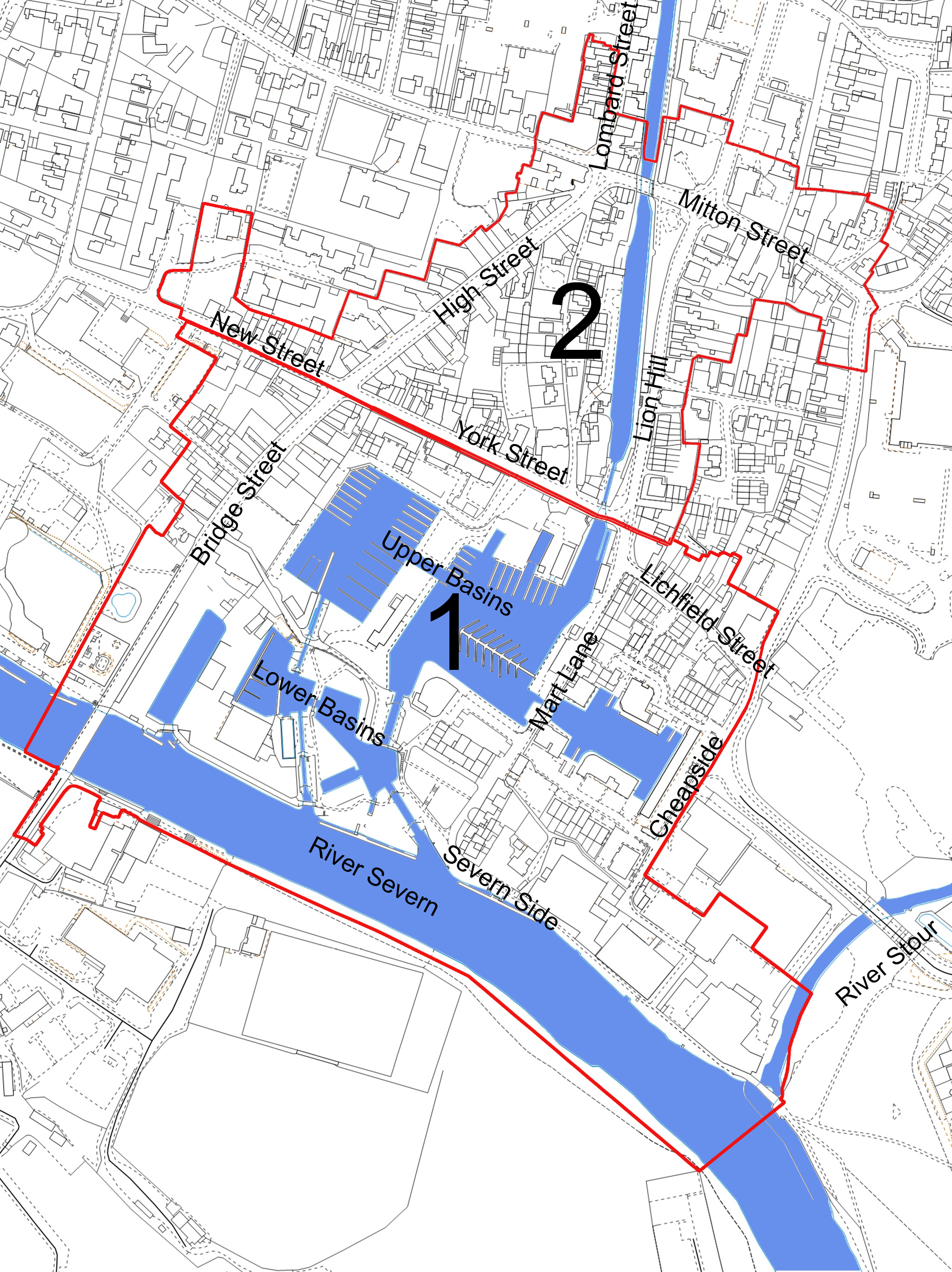 Map showing conservation areas 1 and 2 outlined
