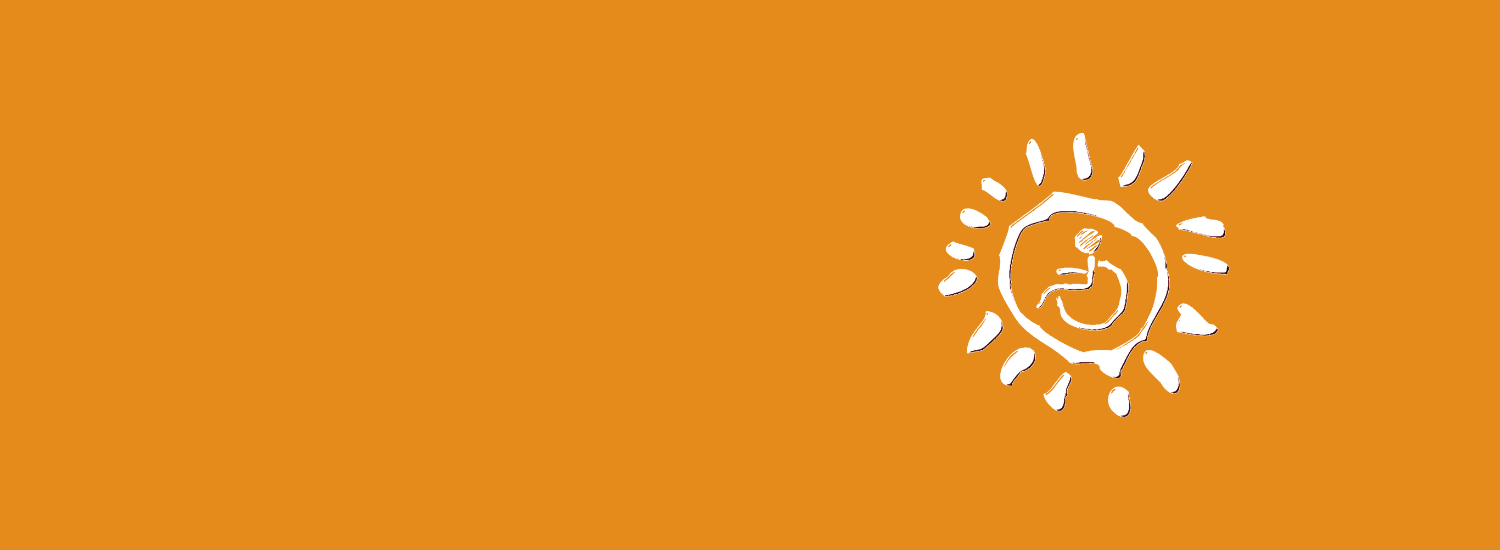 orange background white wheelchair user icon surrounded by cartoon sunshine icon