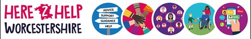 Here 2 help worcestershire written alongside 5 circles with various illustrations depicting help advice support guidance