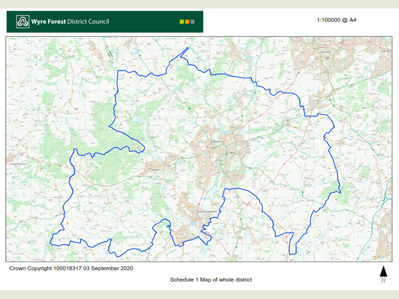Boundary map showing areas of Wyre Forest District where the dog control Public Space Protection Order is enforceable