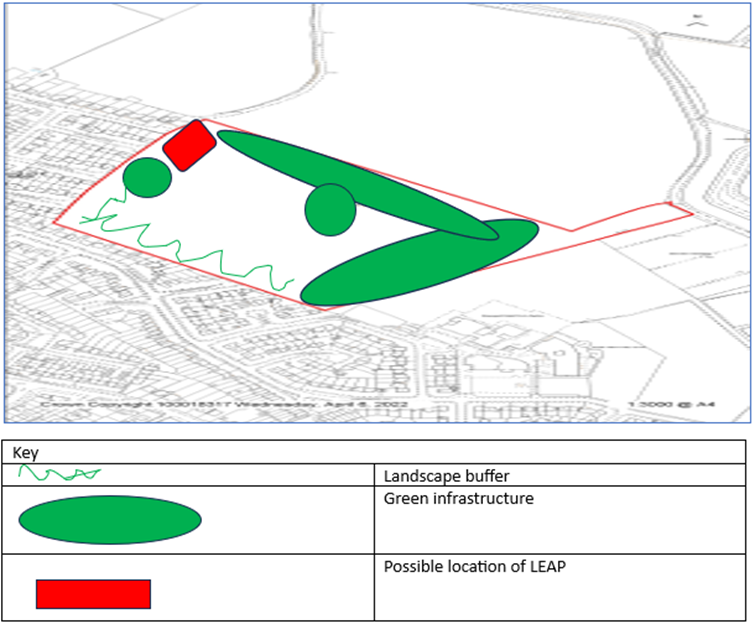 map with highlighted areas showing green infrastructure and possible play locations