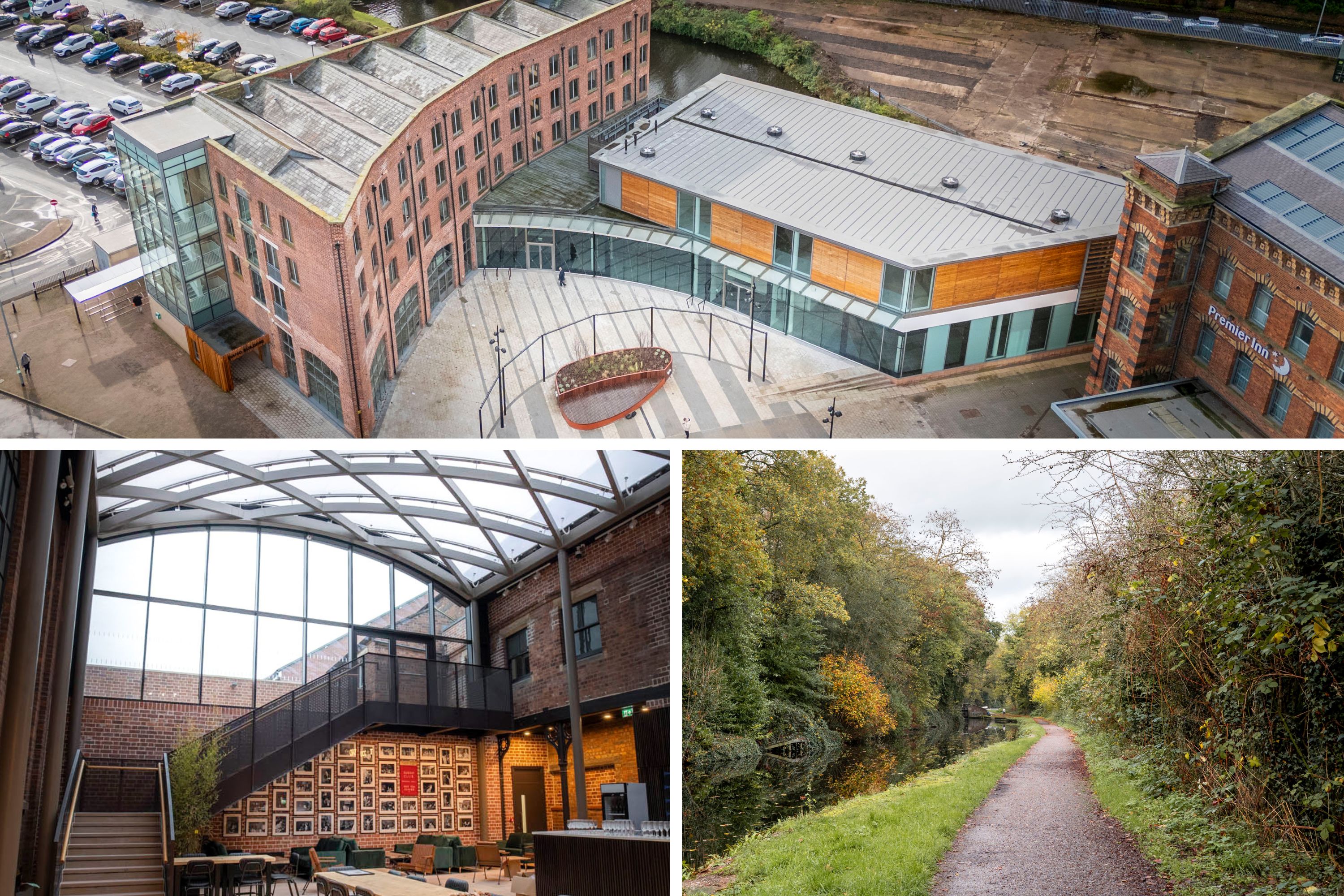 Collage of photos of Piano Building (top), Kidderminster Town Hall's 'The Courtyard' (bottom left), and canal Kidderminster canal towpath (bottom right)