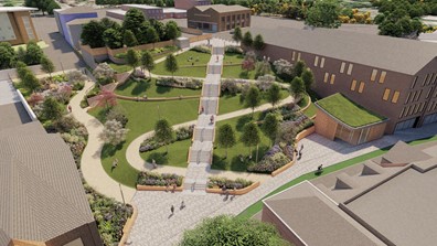 artists impression of landscaped park area with steps diagonally through it and winding path