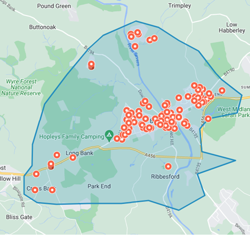 Map of Bewdley area with orange posts showing properties for sale in Bewdley April 2023