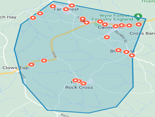 map with pins showing properties for sale