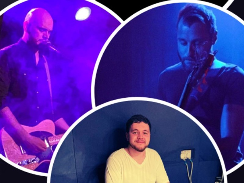 Image of the muscians from the band CJ and the Storm within a graphic smiling and perfoming with their instruments